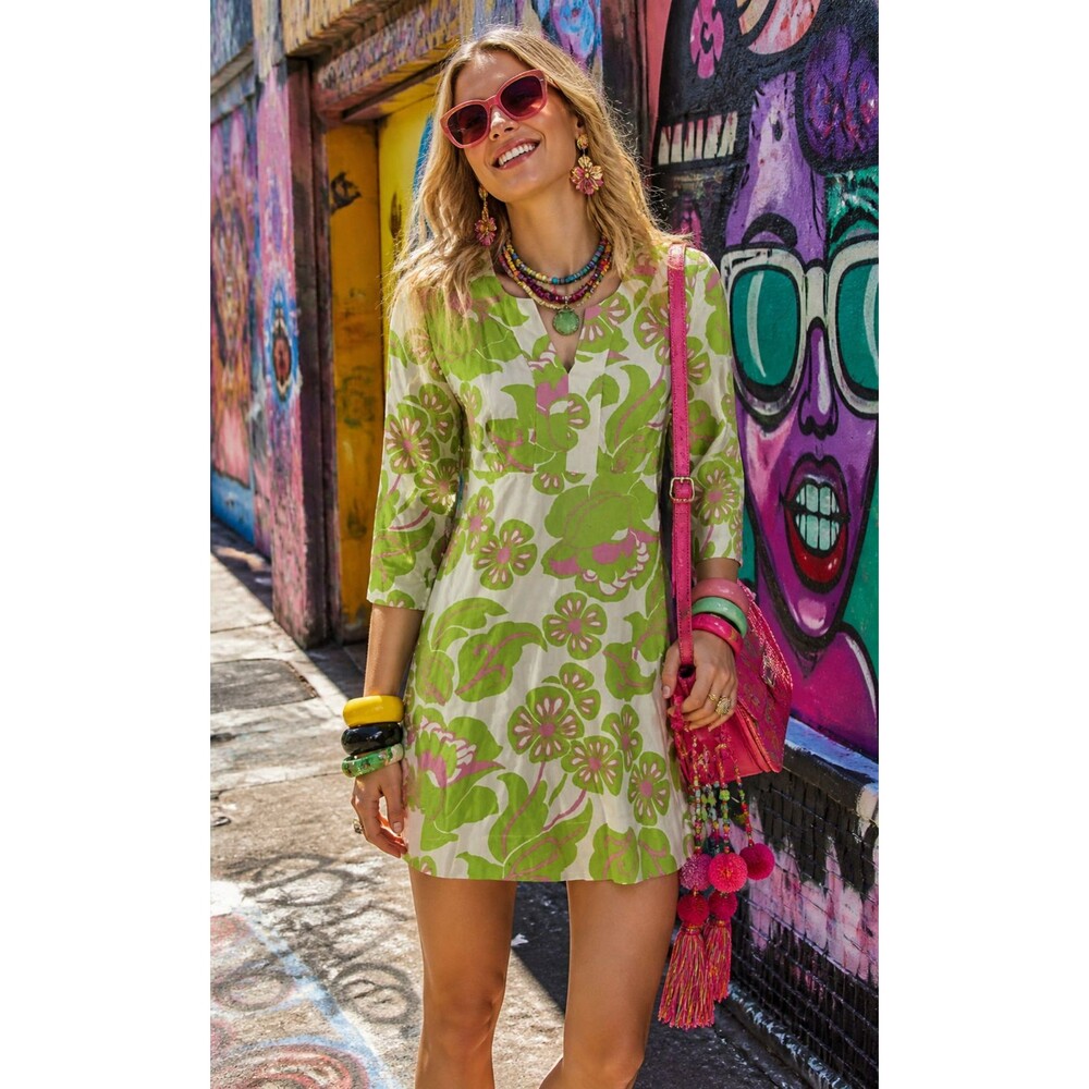 Boden sz. 8 100% Linen Dress Floral Mod Shift Retro Medium Maximalist Green Pink